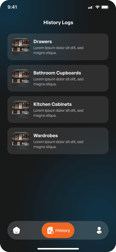 Dejumblefy history log listing past drawer, cupboard, cabinet, and wardrobe projects